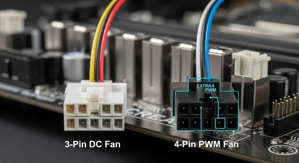 Illustration showing 3 pin vs 4 pin fan connectors on a motherboard, explaining can you plug CPU fan into system fan safely PWM vs DC control.