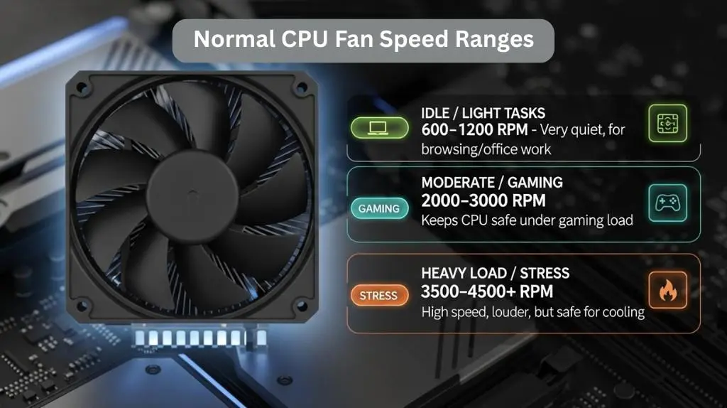 Normal CPU speed ranges showing is 4000 RPM Too Low for CPU Fan in gaming and heavy load use.