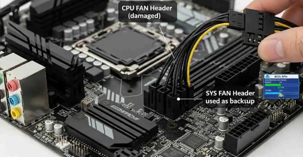 Motherboard showing how to fix broken CPU fan header using system fan header, splitter, and BIOS fan settings for safe cooling.