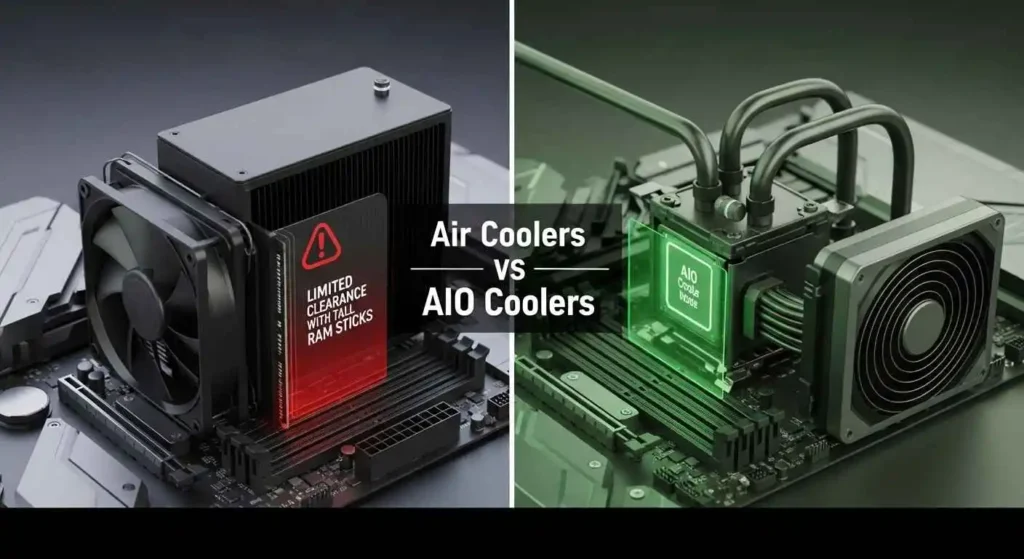 Air coolers vs AIO coolers comparison showing RAM clearance issues and compatibility differences in PC builds.