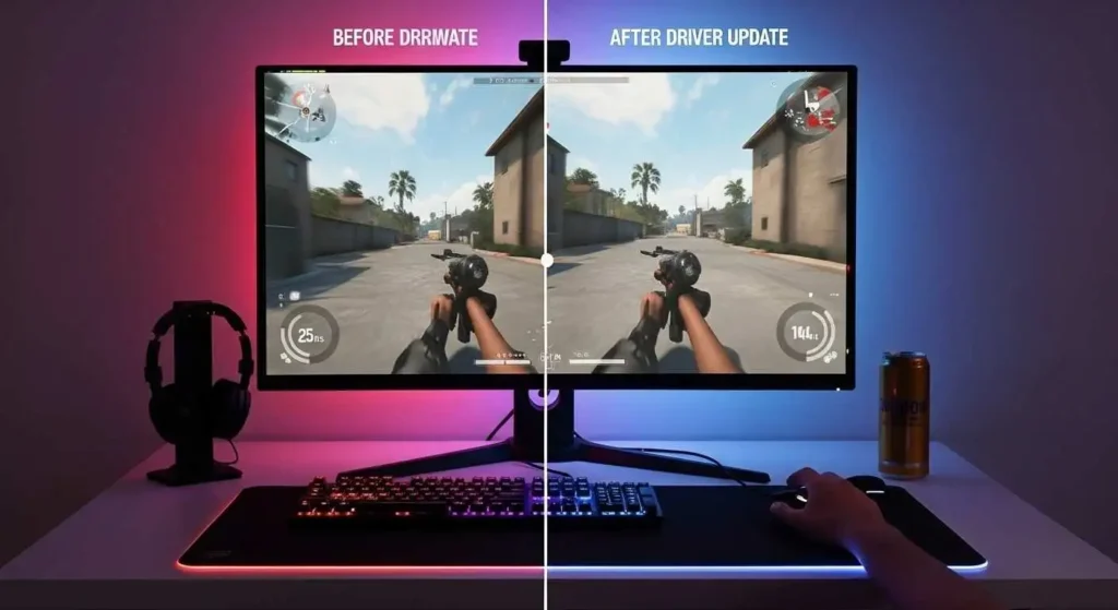 Gaming performance comparison before and after driver update showing how CPU drivers improve stability and smoothness.