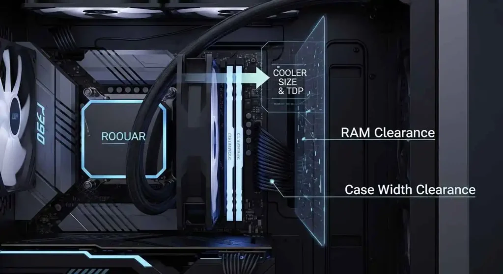 Image shows cooler size, RAM and case clearance CPU Coolers Universal may not always fit in every setup.