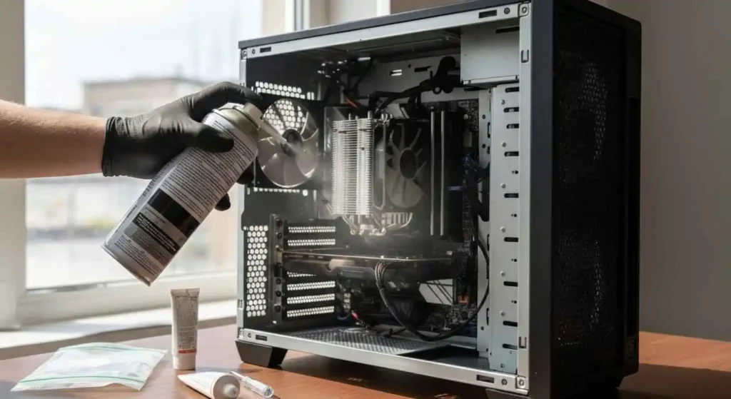 Technician fixing CPU Over Temperature Error by cleaning the fan and heatsink with compressed air to cool the system.