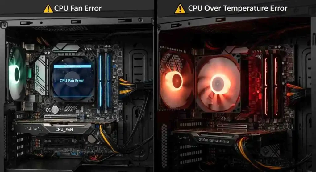 Real PC showing CPU Fan Error and CPU Over Temperature Error side by side with real components and colors.