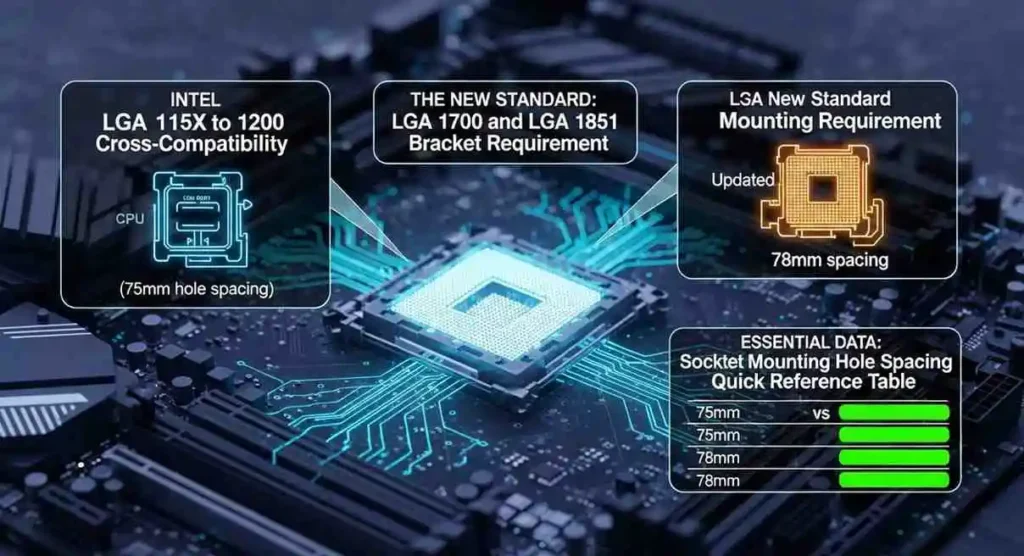 The image shows CPU socket mounting hole spacing and bracket compatibility, essential for CPU Coolers Universal installation.