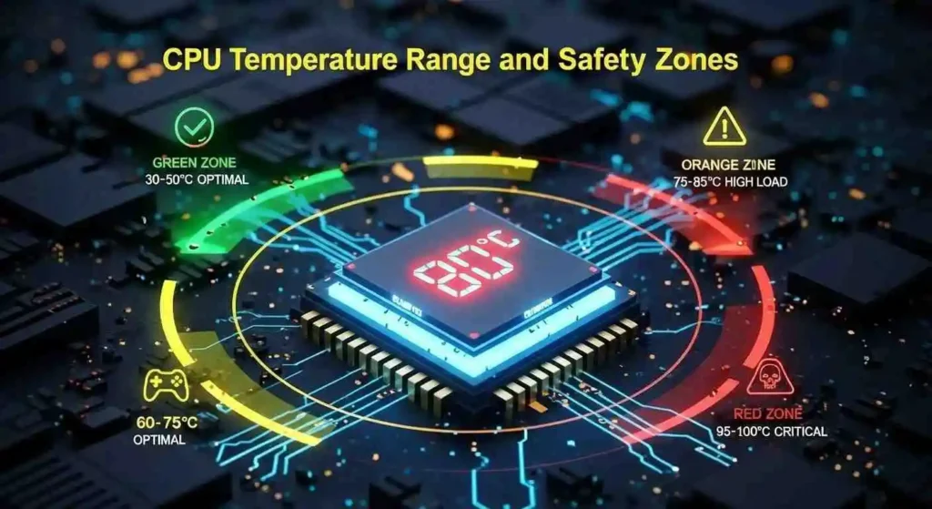 CPU temperature range and safety zones chart showing green optimal, orange high load, and red critical zones from 30°C to 100°C.