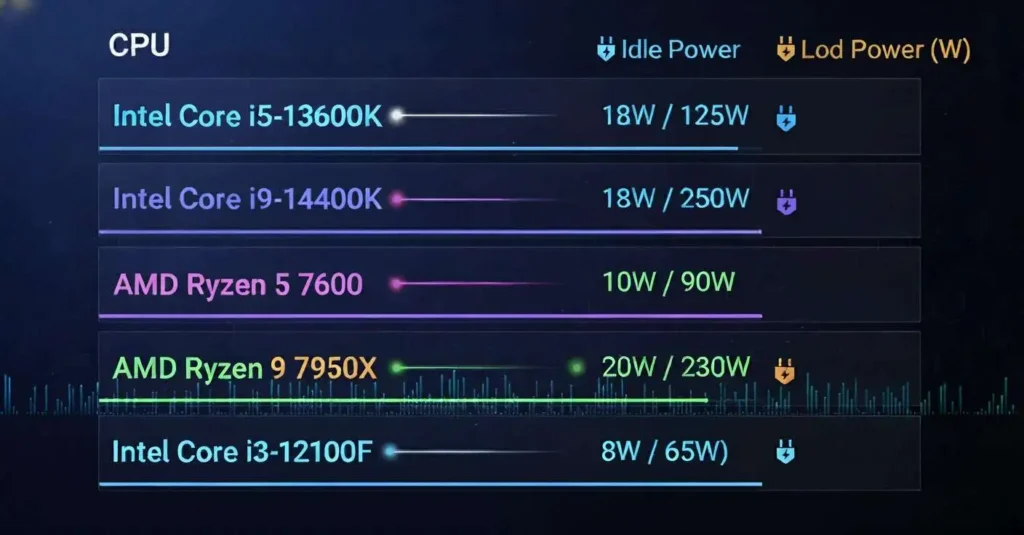 CPU power usage comparison chart showing Intel and AMD processors with idle and load wattage differences.