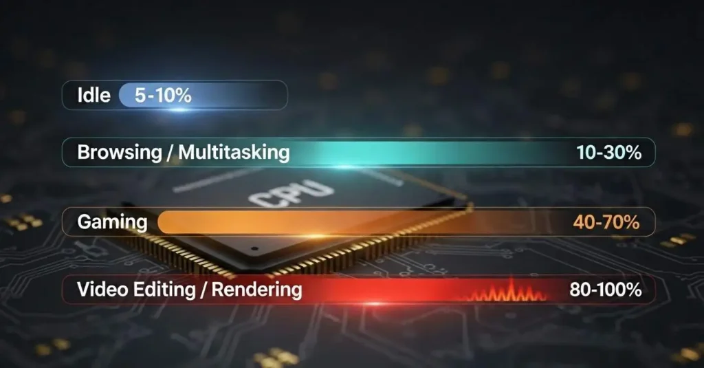 Chart illustrating CPU utilization percentage during idle, multitasking, gaming, and video rendering.