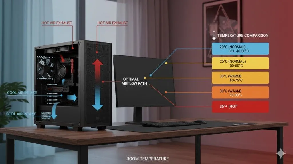 Realistic infographic showing how room temperature and PC case airflow affect CPU heat from 20°C to 35°C+.