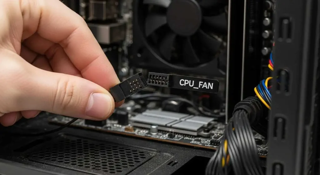 Person fixing CPU Fan Error on Boot by reconnecting fan cable to motherboard CPU_FAN port.