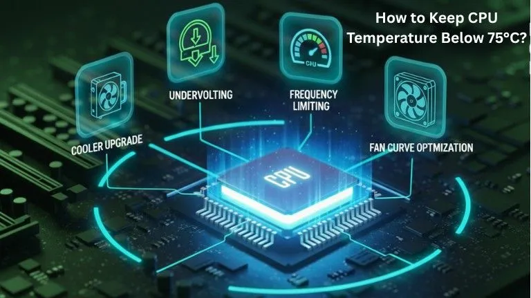 Cooling setup illustration with fans undervolting, and airflow tweaks, showing how to keep CPU temperature below 75°C