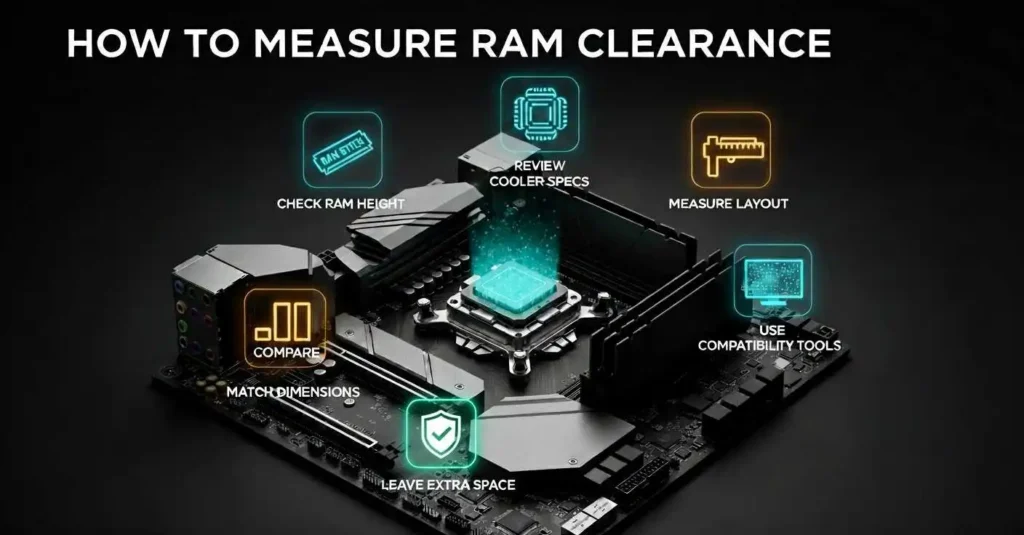 Image showing how to check RAM clearance with CPU coolers by measuring RAM height, layout, and cooler specs
