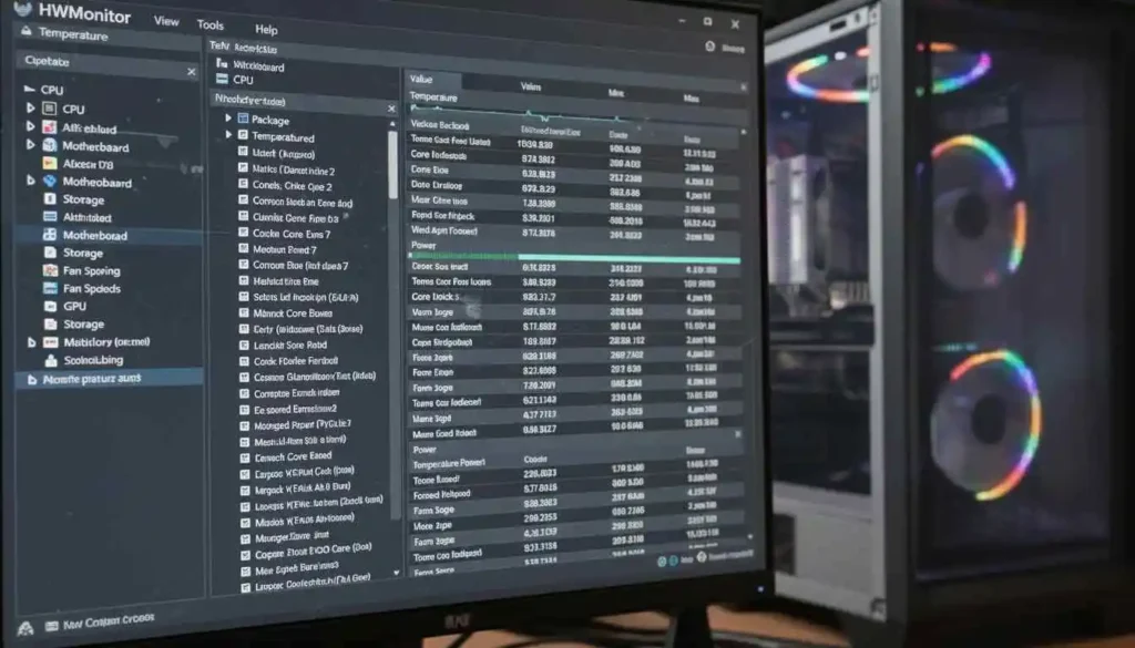 User checking HWMonitor to prevent CPU Over Temperature Error, monitoring CPU temperature and fan speed on dual screens.