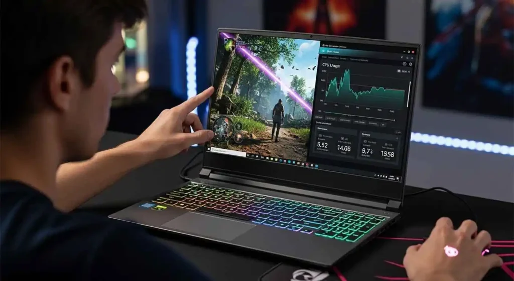 Gamer monitoring CPU utilization percentage during gameplay.