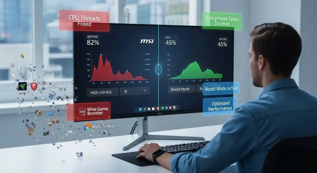 A gamer using performance tools to reduce CPU usage while gaming and boost system efficiency.