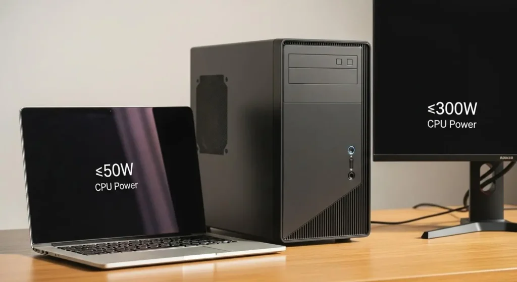 Realistic image showing a laptop and desktop PC side by side with natural colors, comparing CPU power usage and cost