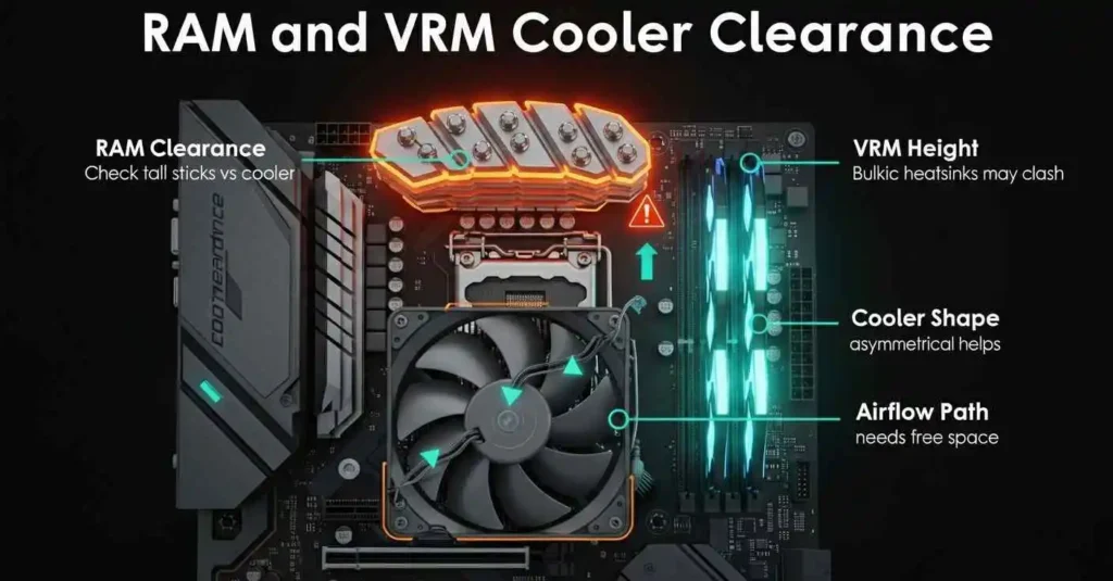 RAM and VRM cooler clearance guide showing RAM height, CPU cooler shape, and airflow space.
