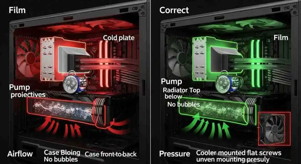 Image shows wrong vs correct liquid cooler setup, airflow and pump placement CPU Coolers Universal may not always align.