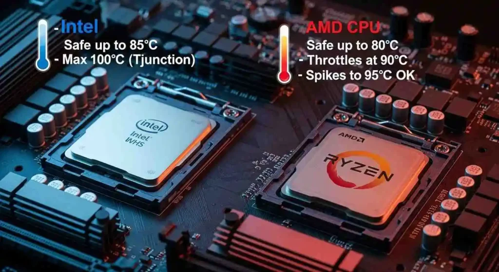Realistic image of Intel and AMD CPUs on a motherboard showing 2025 safe temperature limits with blue and red labels.