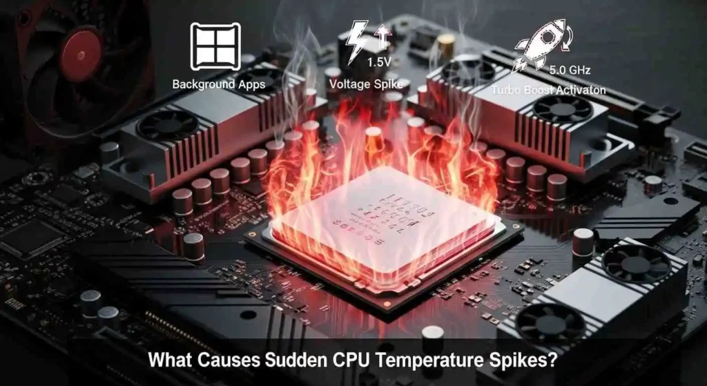 Realistic CPU on motherboard showing heat spikes and glow, illustrating what temp is too hot for CPU during heavy load.