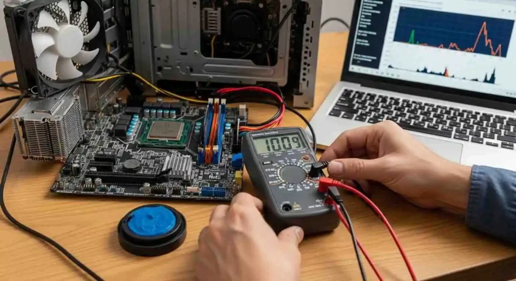 Realistic comparison of laptop and desktop PC showing how to check CPU power consumption and energy usage differences.