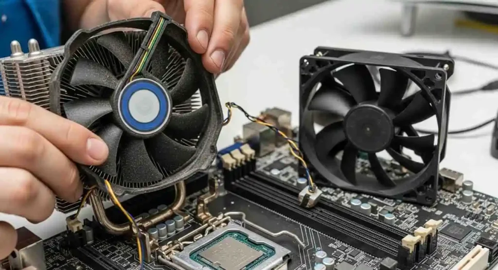 Technician replacing CPU fan on computer motherboard to fix CPU Fan Error on Boot issue.