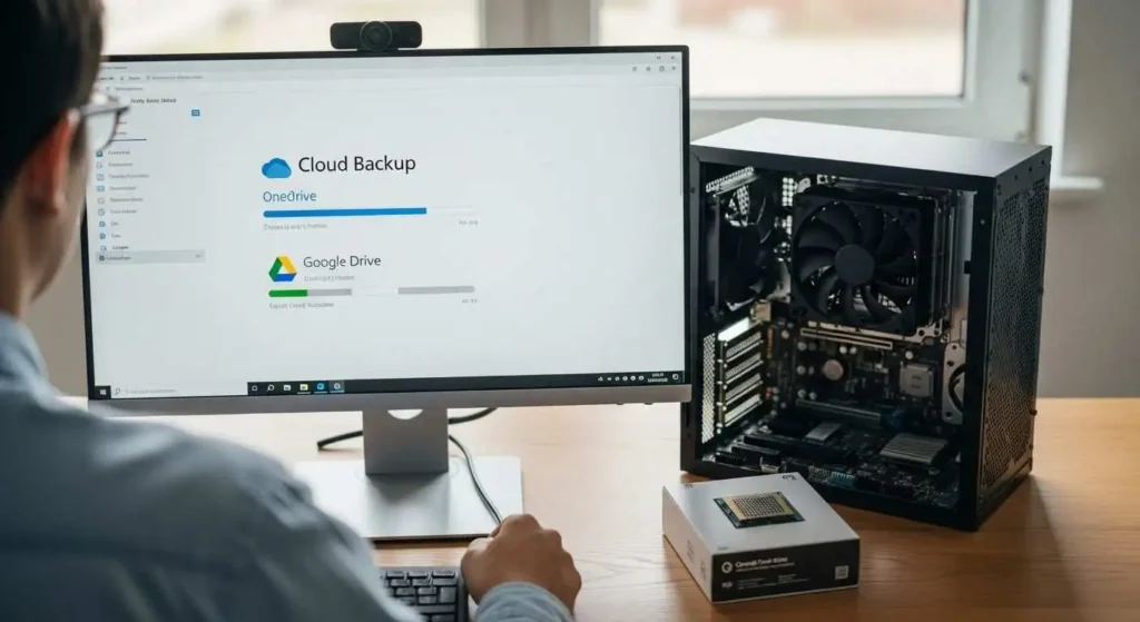 Backing up Windows files to cloud before upgrading or reinstalling Windows with new CPU installed.