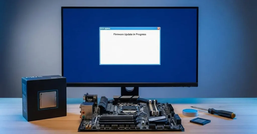 Updating BIOS firmware before installing new CPU on motherboard, reinstall Windows with new CPU guide.”