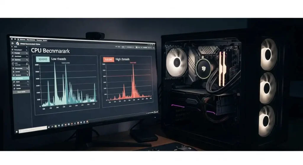 Real PC showing CPU benchmark graphs comparing low and high thread counts to highlight multitasking performance.