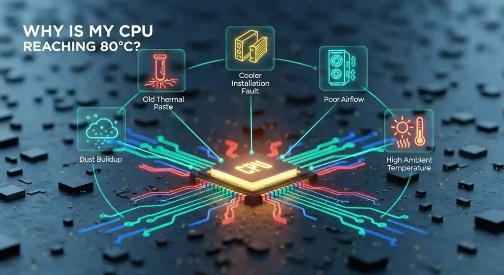 CPU diagram highlighting poor airflow, dust buildup, and cooler faults, answering why is my CPU reaching 80°C