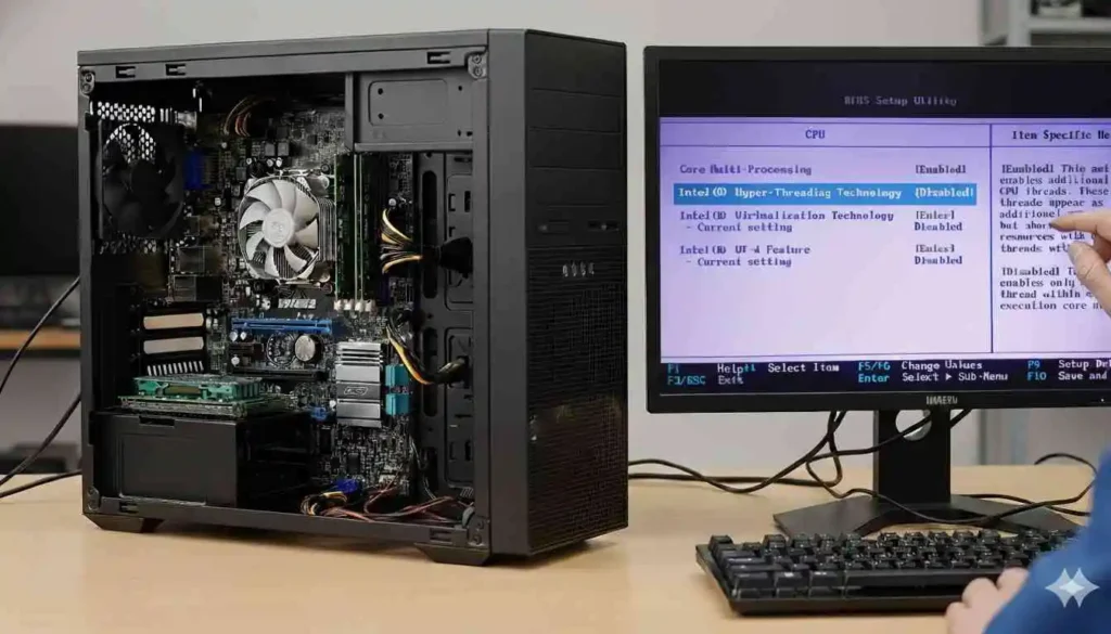 Technician enabling Intel Hyper-Threading in BIOS on a desktop PC to fix the low CPU thread count issue.
