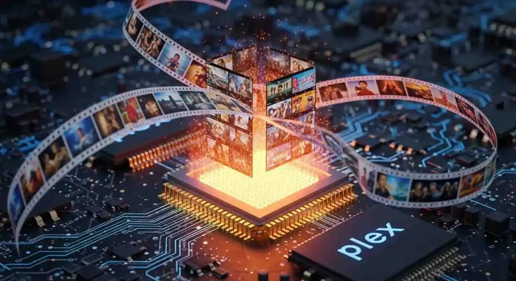Concept image of Plex media server streaming from a Ryzen CPU chip with film reels representing digital movies and TV shows.