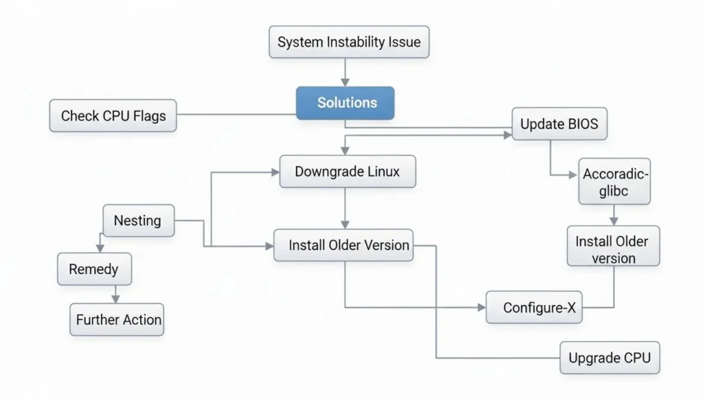 Flowchart showing solutions for the “CPU does not support x86-64-v2” glibc error, including downgrade, BIOS update, and CPU upgrade.