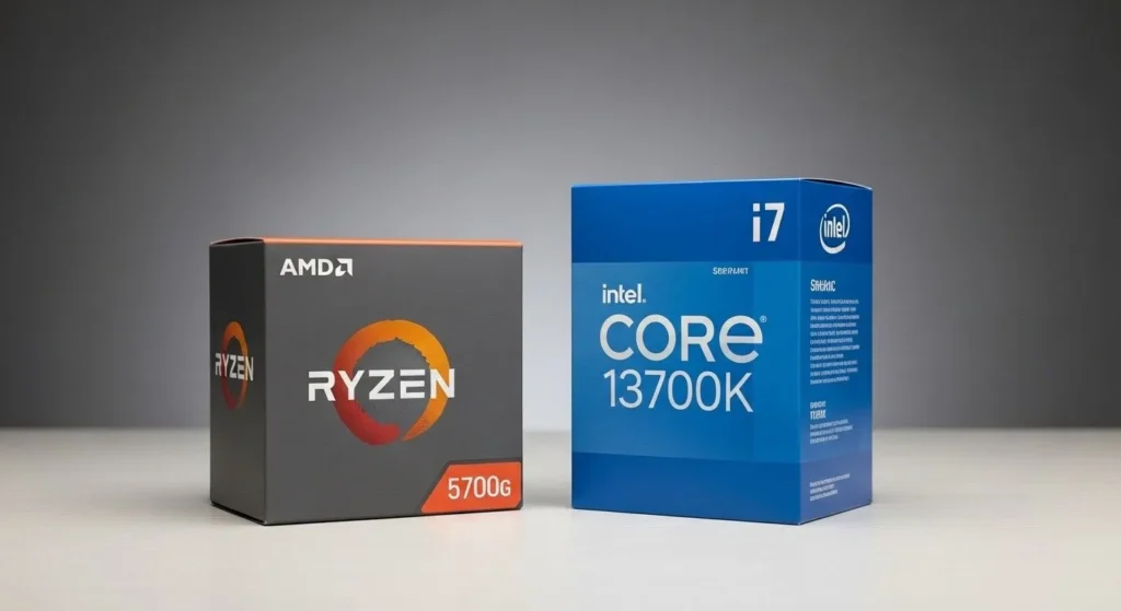 AMD Ryzen 7 5700G processor box next to Intel Core i7-13700K box on a white desk with neutral background.