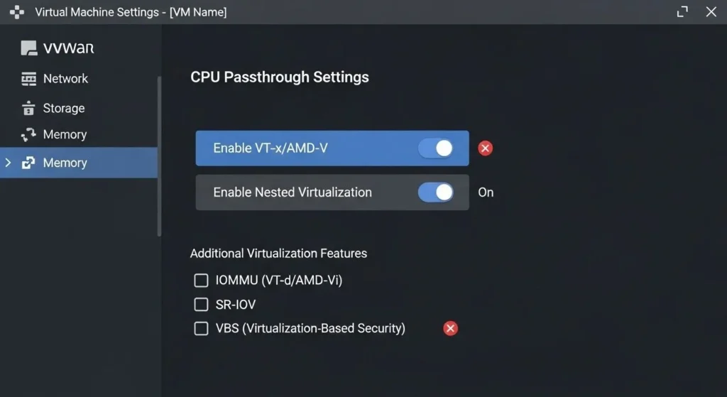 VM settings screen showing CPU passthrough options like VT-x, AMD-V, and nested virtualization for fixing x86-64-v2 support issues.