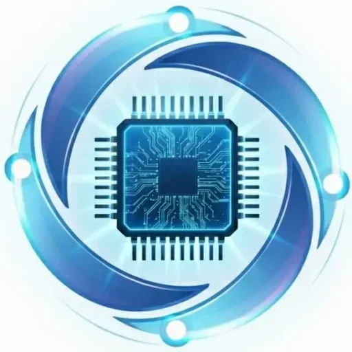 CPU chip logo with glowing blue circuit design and circular tech elements.