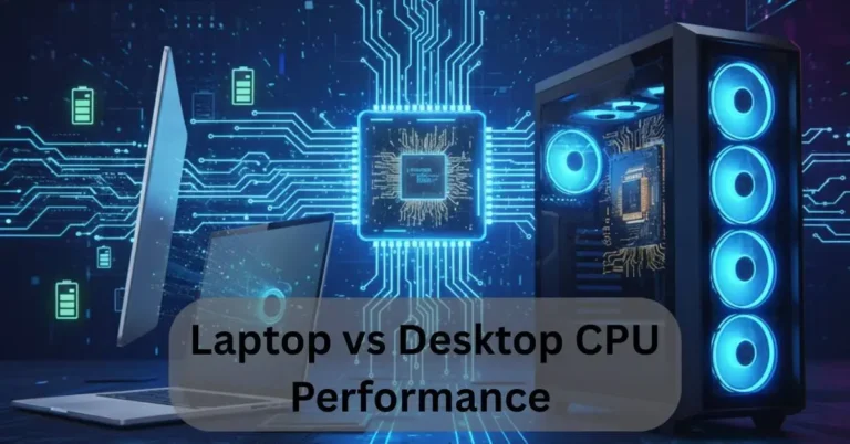 Laptop vs Desktop CPU Performance comparison showing futuristic laptop and desktop processors.