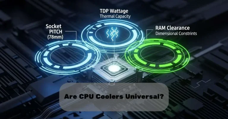 Diagram showing CPU cooler compatibility factors: socket pitch, TDP wattage, and RAM clearance. Are CPU Coolers Universal?