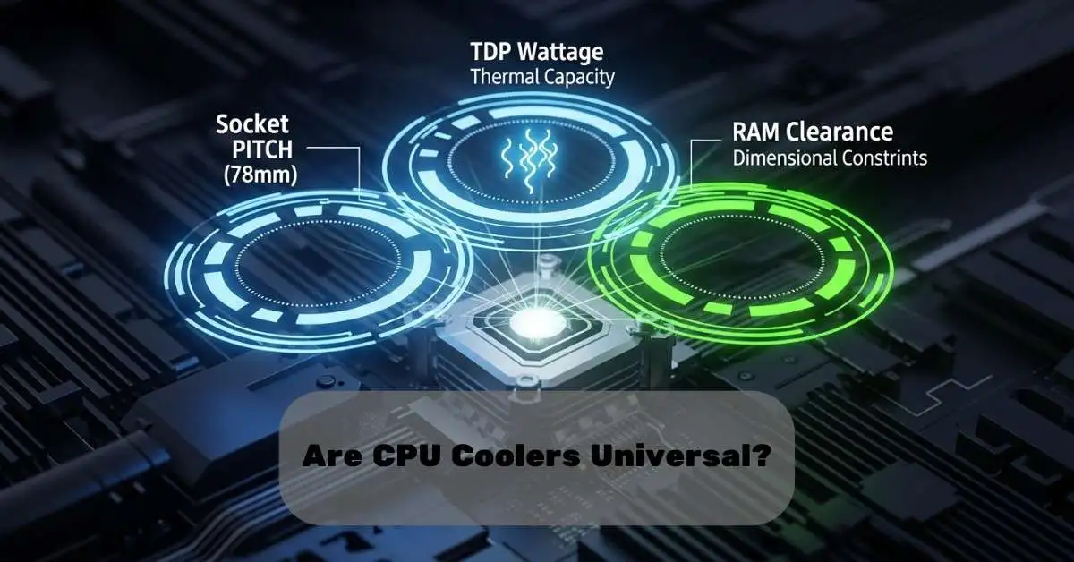 Diagram showing CPU cooler compatibility factors: socket pitch, TDP wattage, and RAM clearance. Are CPU Coolers Universal?
