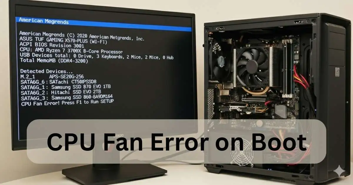 Computer showing CPU Fan Error on Boot message beside an open PC case displaying CPU cooler and motherboard inside