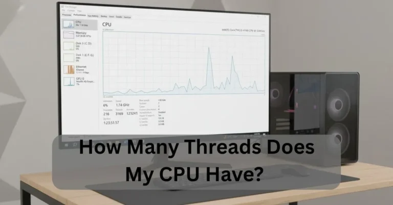 Modern desktop PC showing Windows Task Manager with CPU cores and logical processors to check how many threads the CPU has.