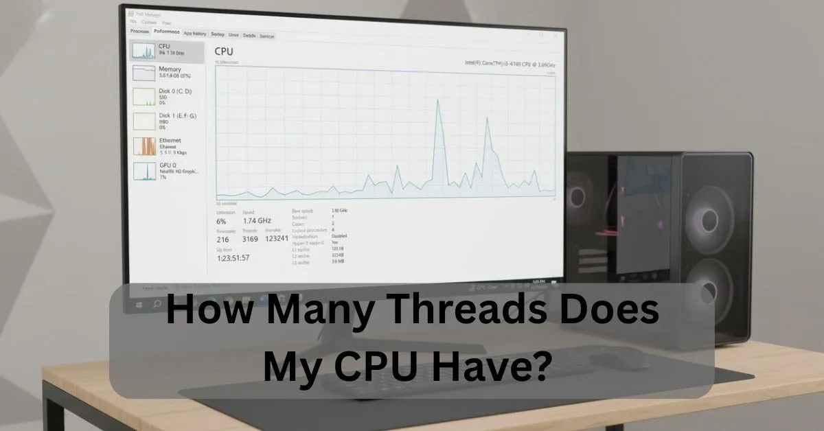 Modern desktop PC showing Windows Task Manager with CPU cores and logical processors to check how many threads the CPU has.