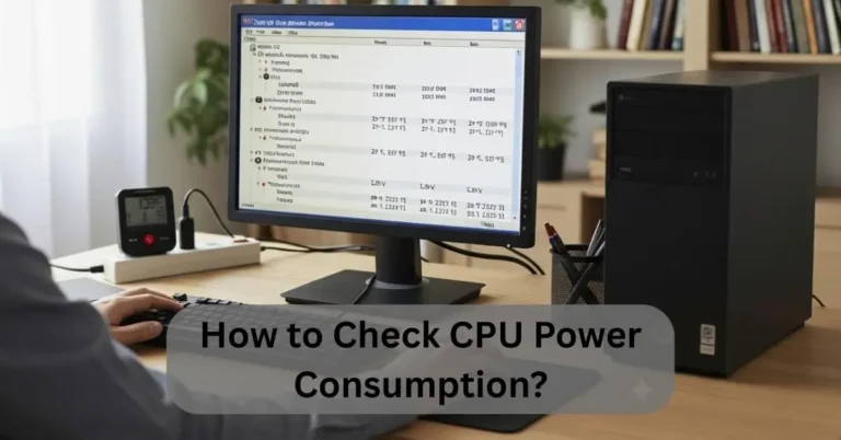 User checking CPU power consumption on a desktop PC using monitoring software and a plug-in watt meter for accurate readings.