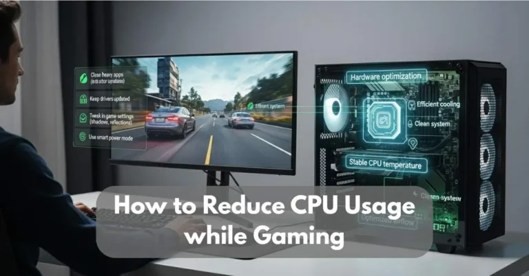 A gamer optimizing PC settings to reduce CPU usage while gaming with performance tips on screen.