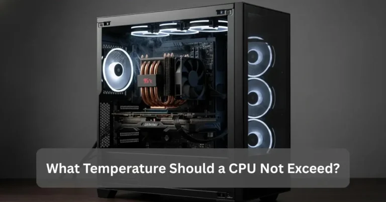 Open PC case showing CPU cooler at 95°C, illustrating the maximum safe CPU temperature limit and overheating warning.