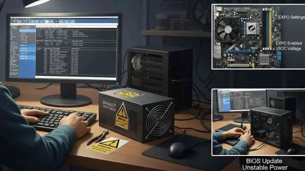 BIOS update and EXPO settings shown with PSU and motherboard while diagnosing CPU over voltage issues.