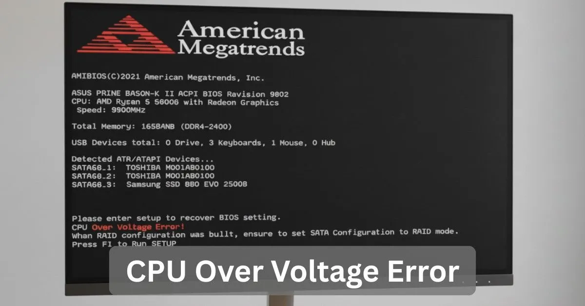 BIOS screen showing CPU Over Voltage Error warning on startup.