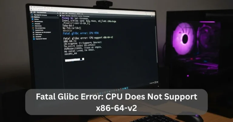 Linux screen showing “Fatal glibc error: CPU does not support x86-64-v2” on monitor beside a PC with purple lighting.