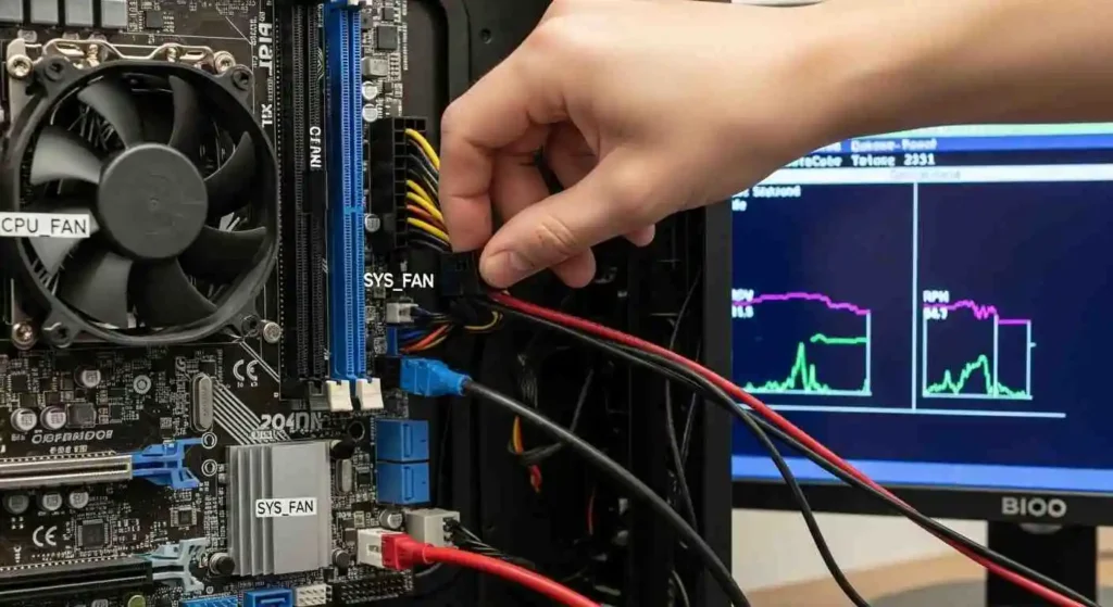 Testing CPU fan header on motherboard to diagnose CPU fan not spinning issue using BIOS voltage and RPM readings.