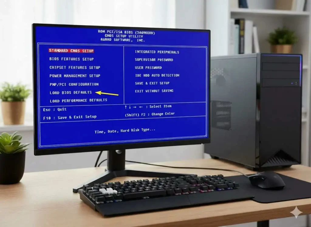 BIOS setup screen showing options to load defaults, helpful for troubleshooting CPU fan not spinning and other hardware issues.